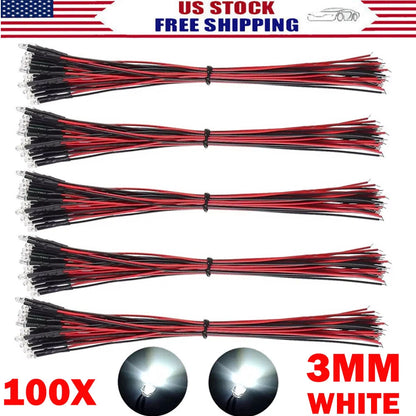 100PC 3mm White Pre Wired Micro LED Lights for Automotive Use