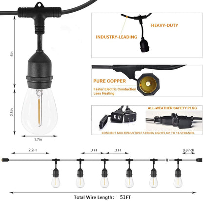 48FT Outdoor String Lights with 15+1 2700K LED S14 Shatterproof Bulbs