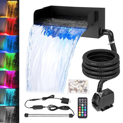 12" Stainless Steel Spillway Waterfall Kit with LED Light and 45W Pump