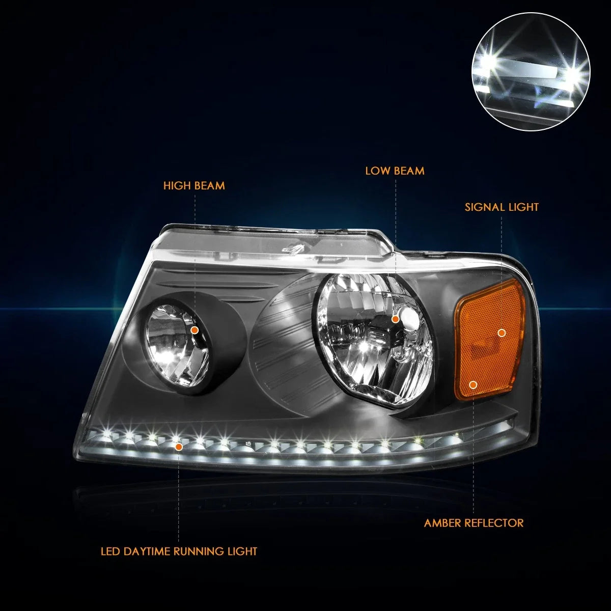 LED DRL Strip Headlight for Ford F150 (2004–2008) Black Housing Amber Corner