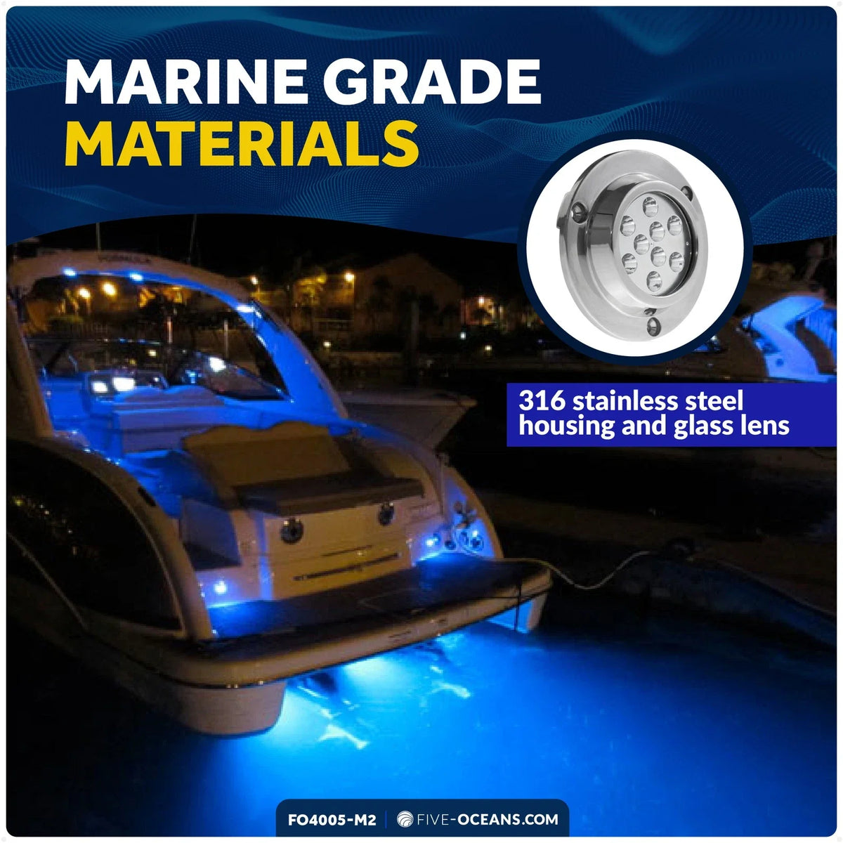 2X LED Transom Underwater Lights for Boat 12V - High Power Blue