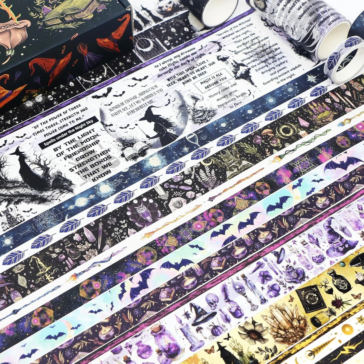 Set of 37 Washi Tape Rolls for Crafting (Witches Black, Red, Orange, Purple, Blue)