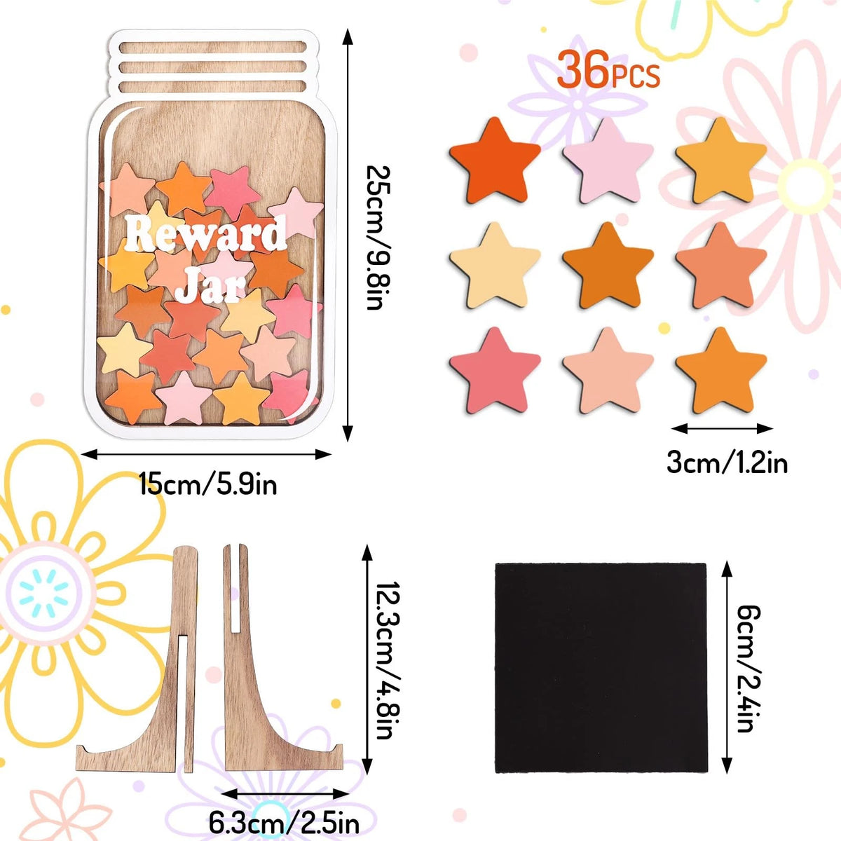 39 Pcs Boho Star Wooden Reward Jar Cutouts with Magnets