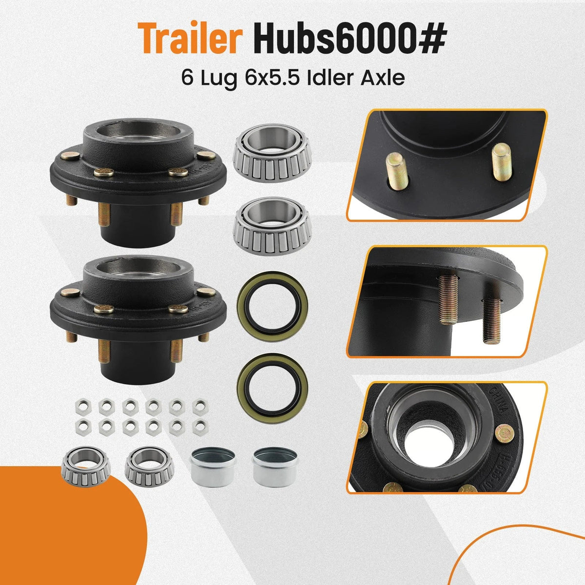 2 Trailer Hubs for Idler Axle 6000# 6 Lug 6x5.5 with Bearings & Seals 25580