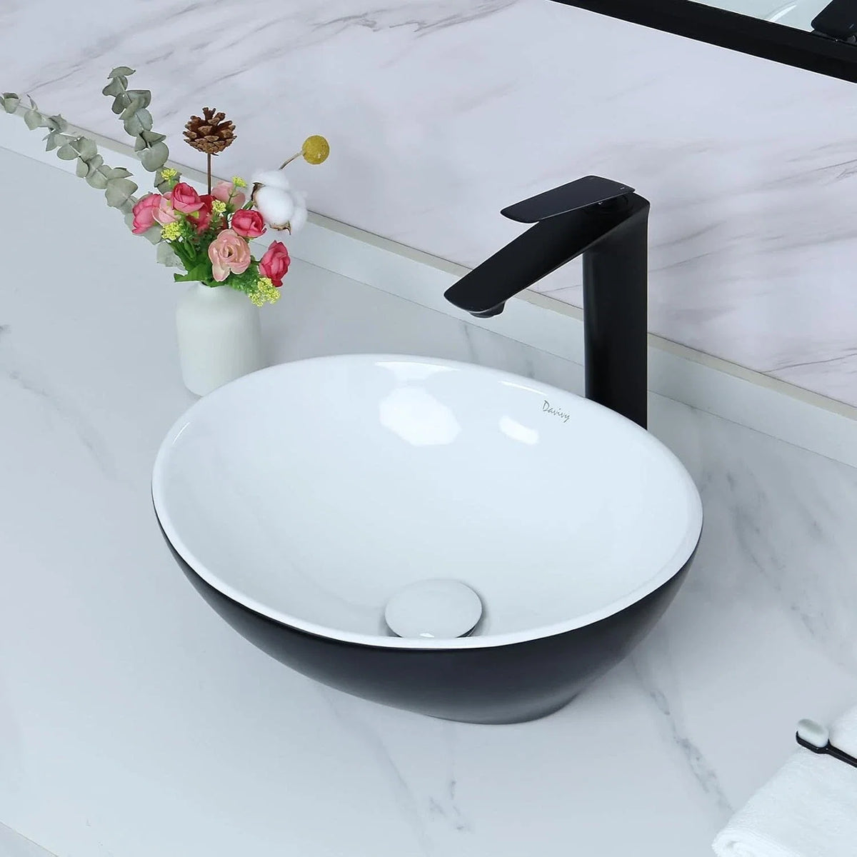 Matte Black Oval Vessel Sink with Pop Up Drain for Bathroom (15.7'' x 13.4'')