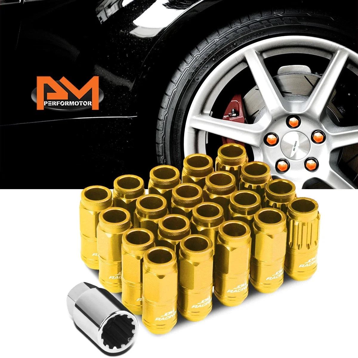 20Pc M12X1.5 Gold JDM Open End Cone Wheel Lug Nuts + Spline Locks + Key