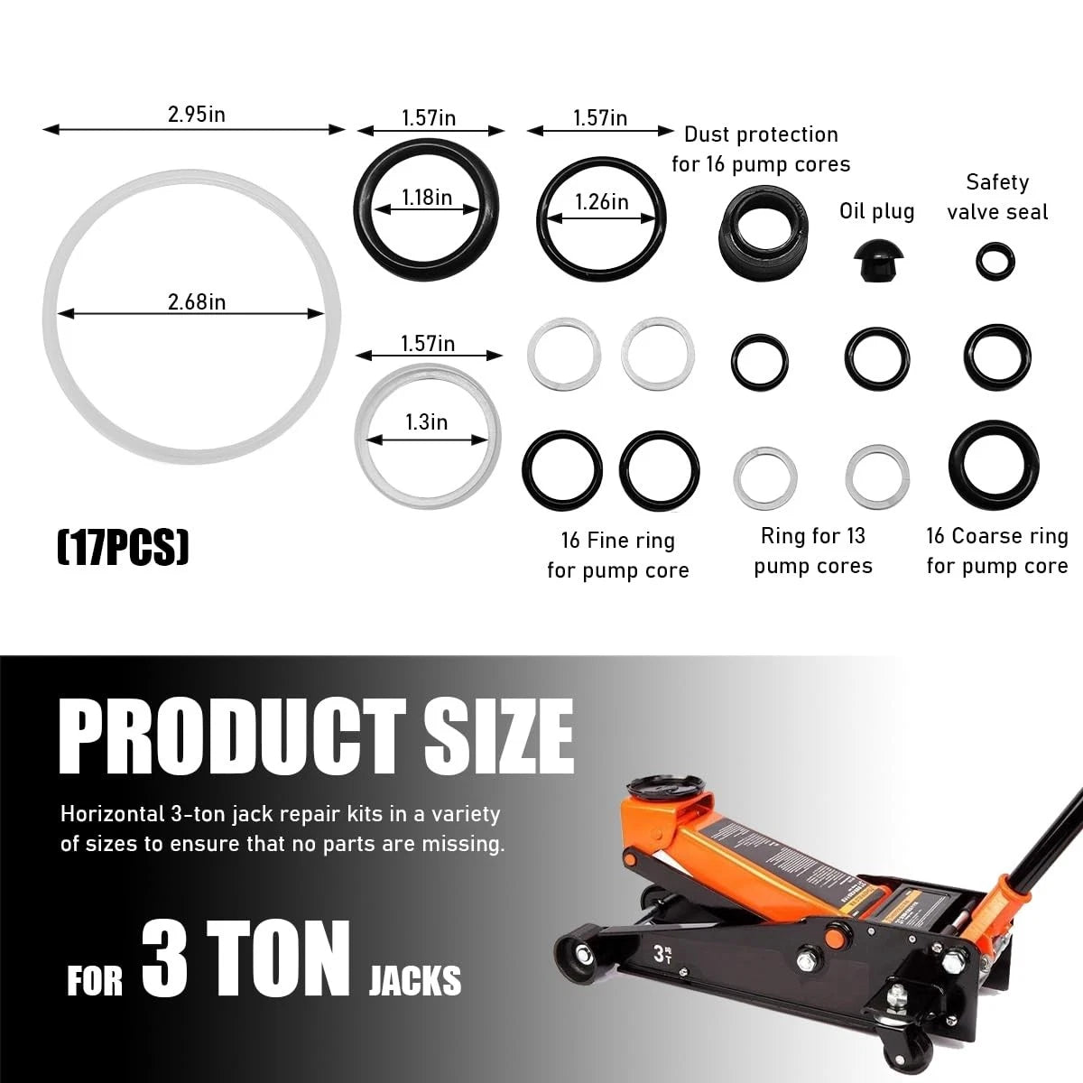 17PCS Floor Jack Seal Kit for 3 Ton Horizontal Hydraulic