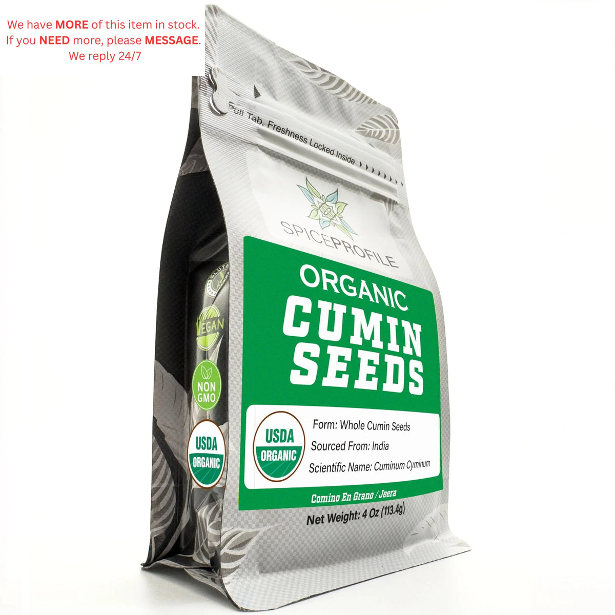 Cumin Seeds for USDA Certified Organic (Whole) 4oz Resealable Pack