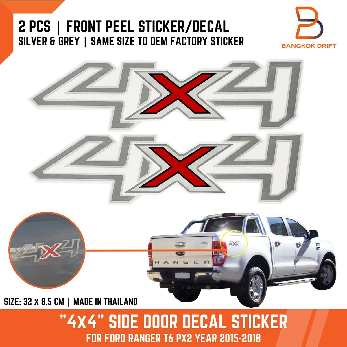 Silver 4x4 Side Cabin Rear Decal Sticker for Ford Ranger PX T6 (2015-2018)