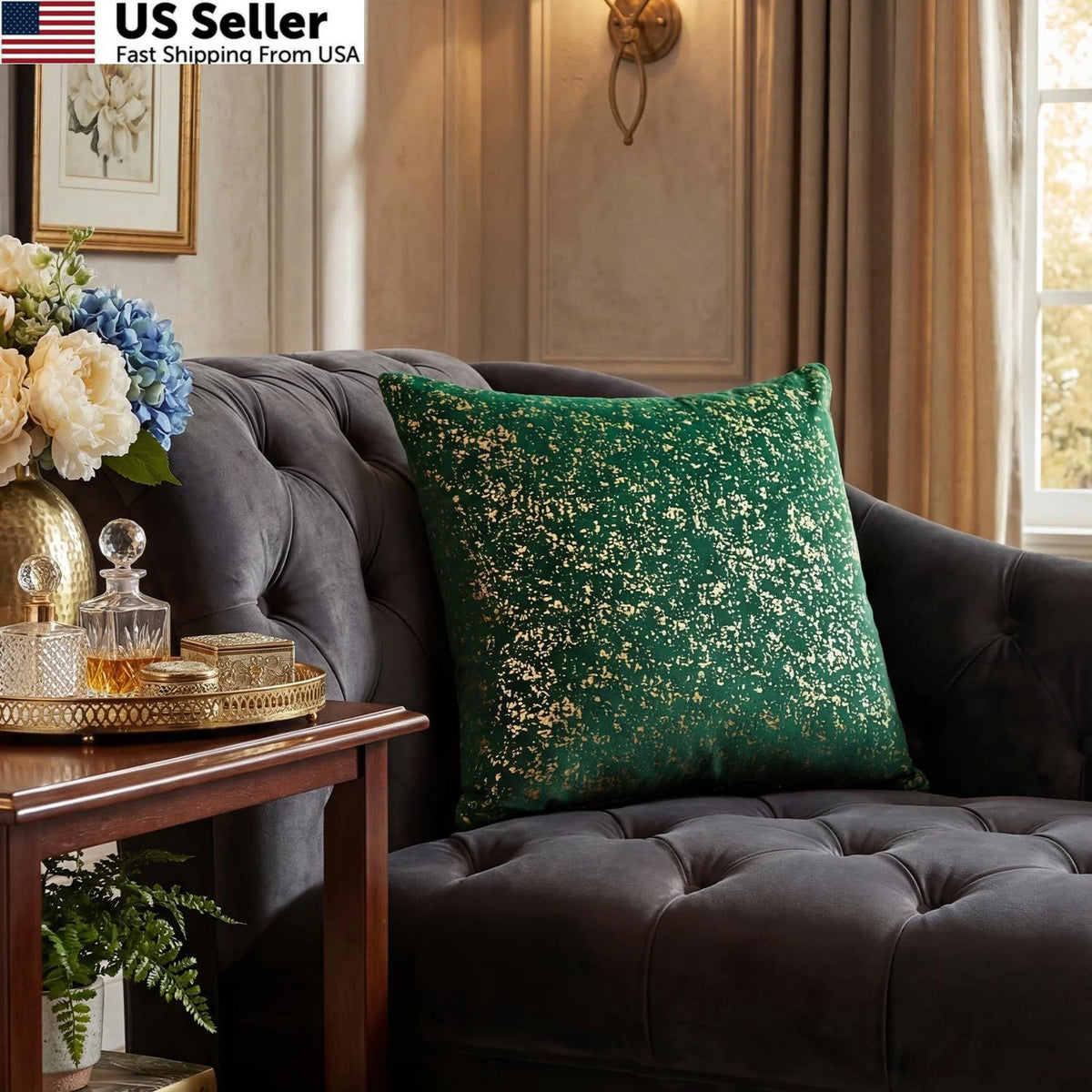 Pack of 2 Velvet Throw Pillows 18" x Green Gold Foil