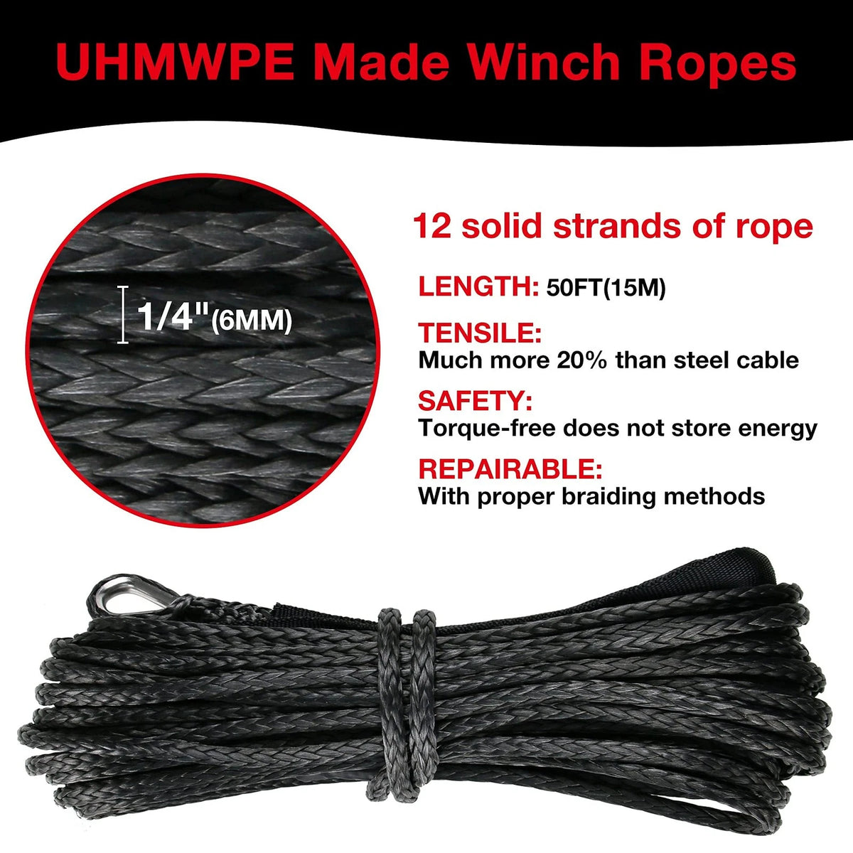 1/4" Synthetic Winch Rope for Universal Use (50 ft, 10,000 lb)
