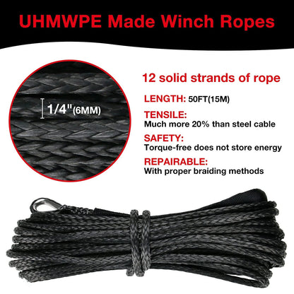 1/4" Synthetic Winch Rope for Universal Use (50 ft, 10,000 lb)