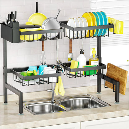 2-Tier Over The Sink Dish Rack with 4 Baskets - Black