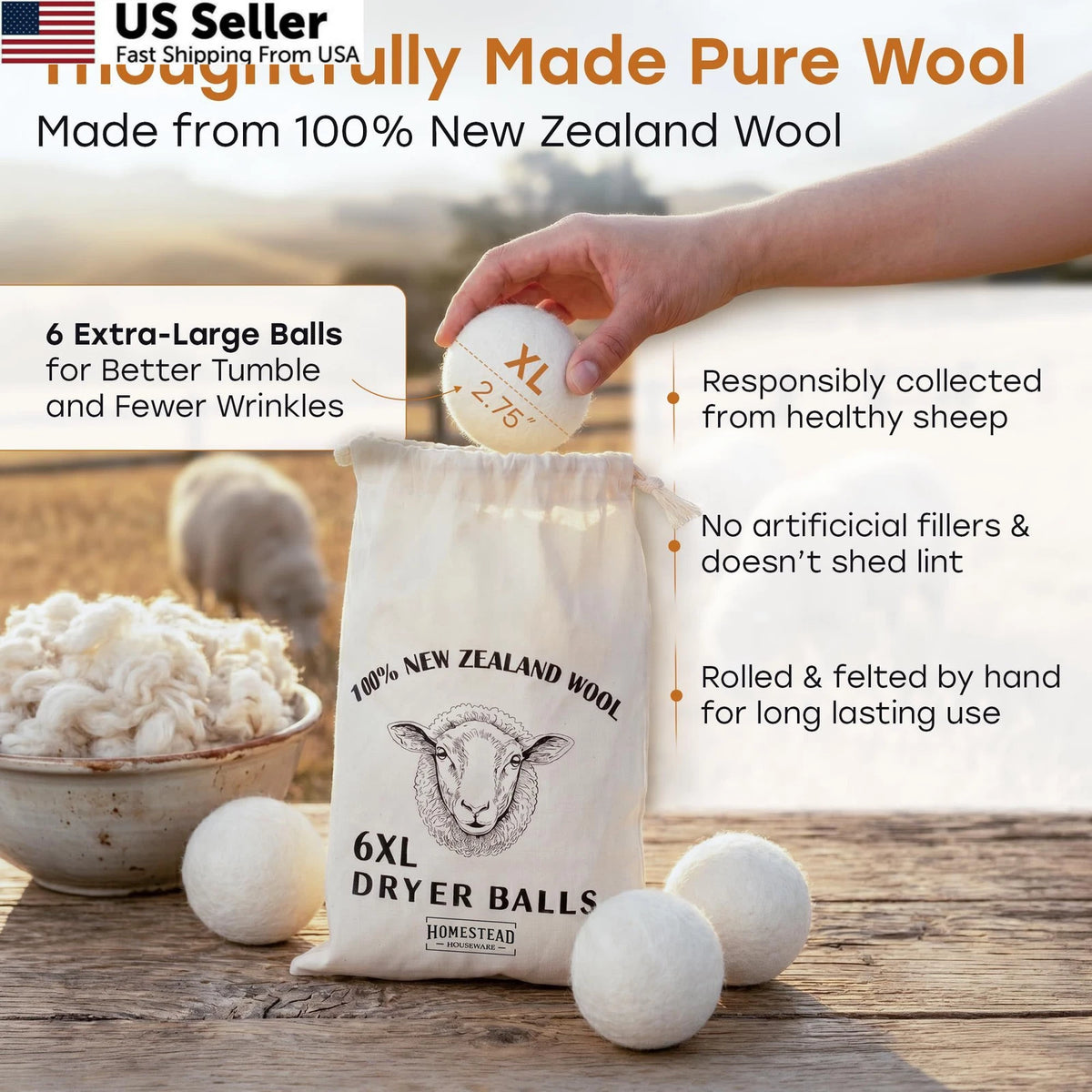 6X Wool Dryer Balls for Homestead Houseware (100% New Zealand Wool)