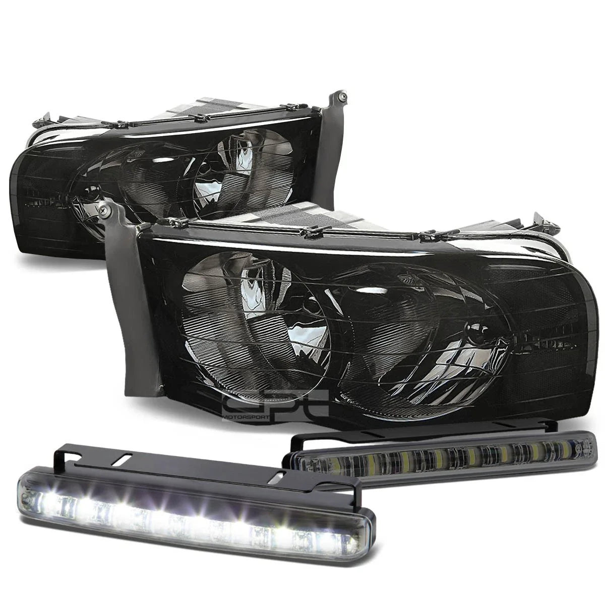 Set of 4 Smoked Housing Headlight, Signal Lamp, LED Fog Light for Ram (2002–2005)