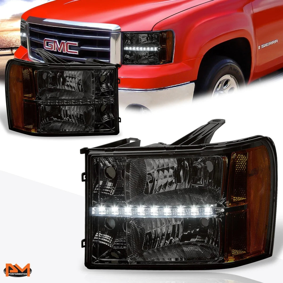 LED DRL Smoked Lens Amber Side Corner Headlight Pair for GMC Sierra (2007–2014)