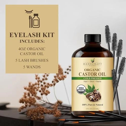 Organic Castor Oil 4 Fl Oz for Eyelash Growth with Lash Brushes