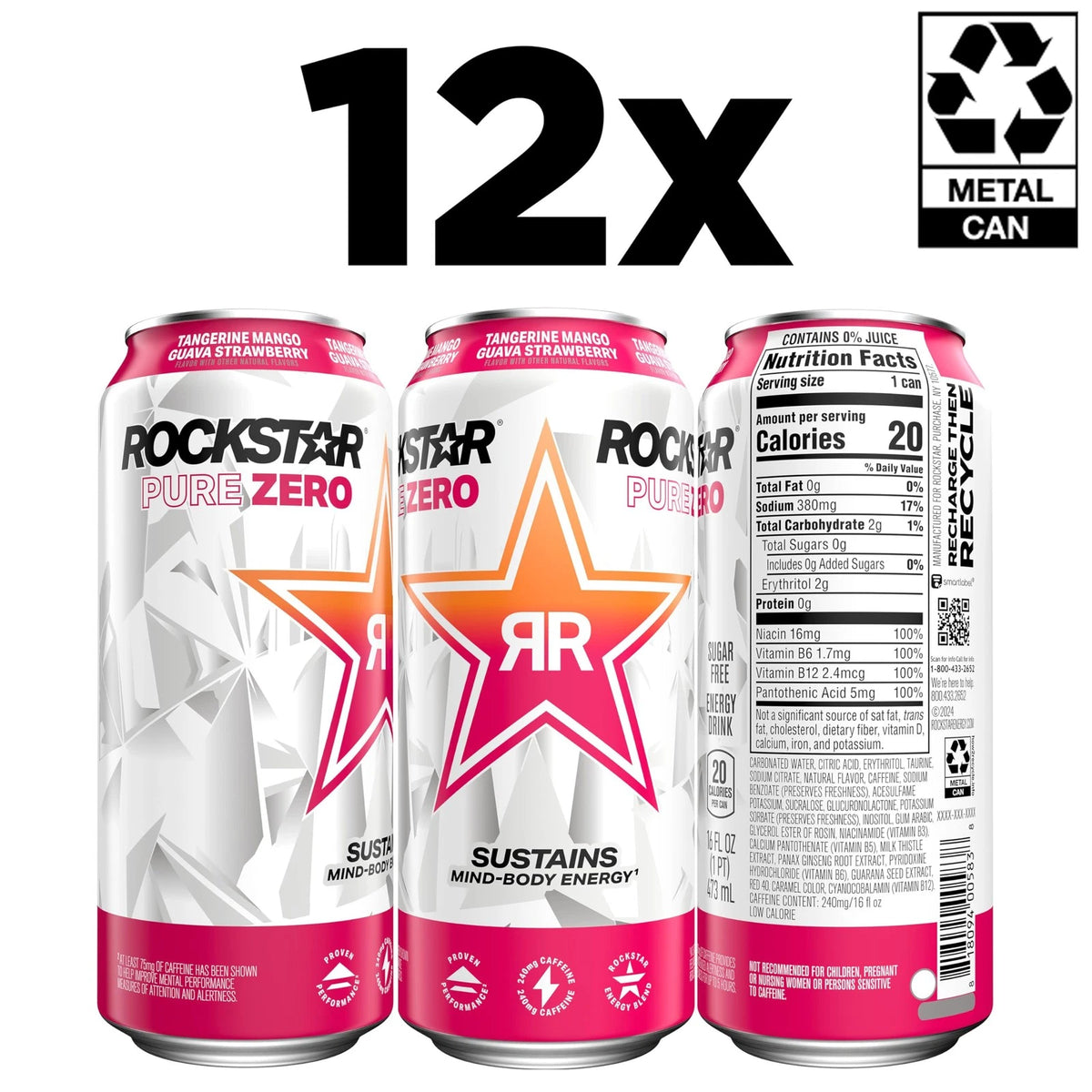 Pack of 12 Rockstar Pure Zero Energy Drink Tangerine Mango Guava 16 Fl Oz