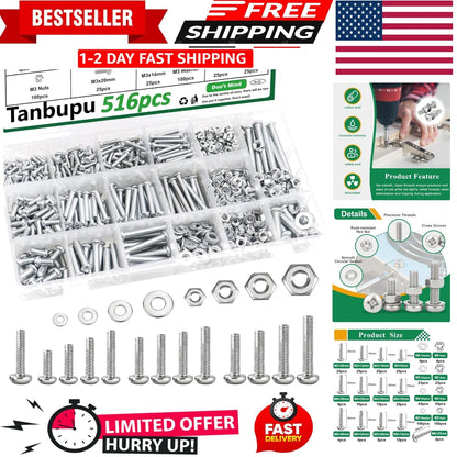 516Pcs Black Nuts and Bolts Assortment Kit for