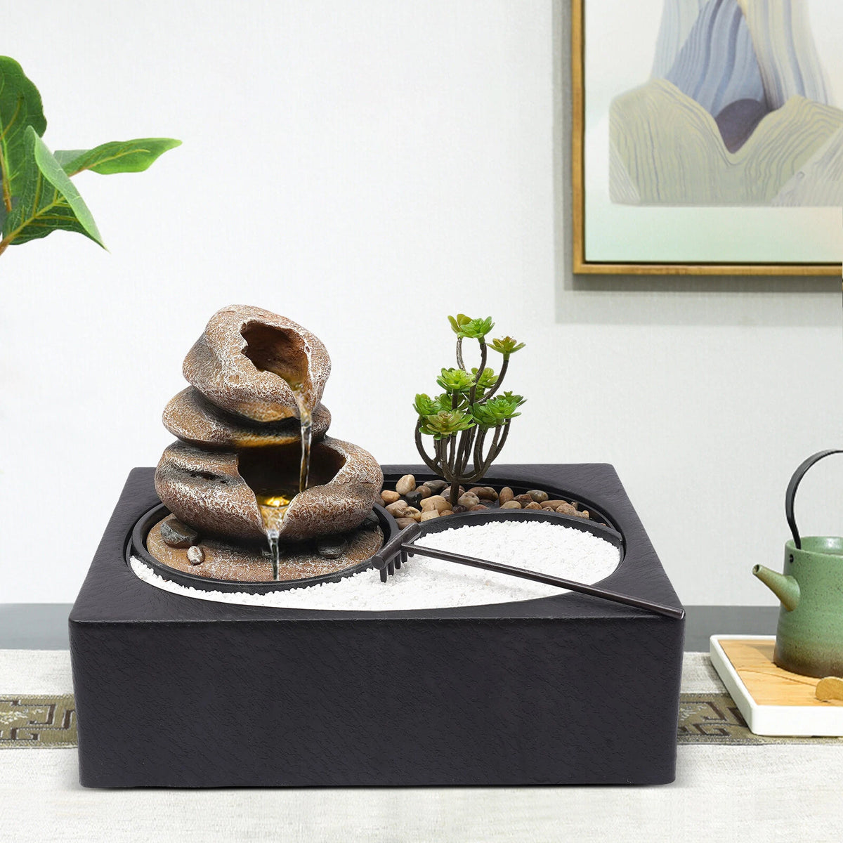Indoor Water Fountain with LED Light for Rock Garden Desk