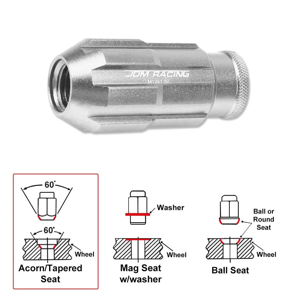 20Pc M12X1.5 Silver JDM Open End Bulge Spline Wheel Lug Nuts + Lock Key