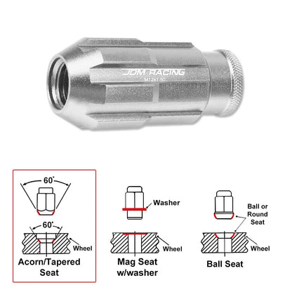 20Pc M12X1.5 Silver JDM Open End Bulge Spline Wheel Lug Nuts + Lock Key