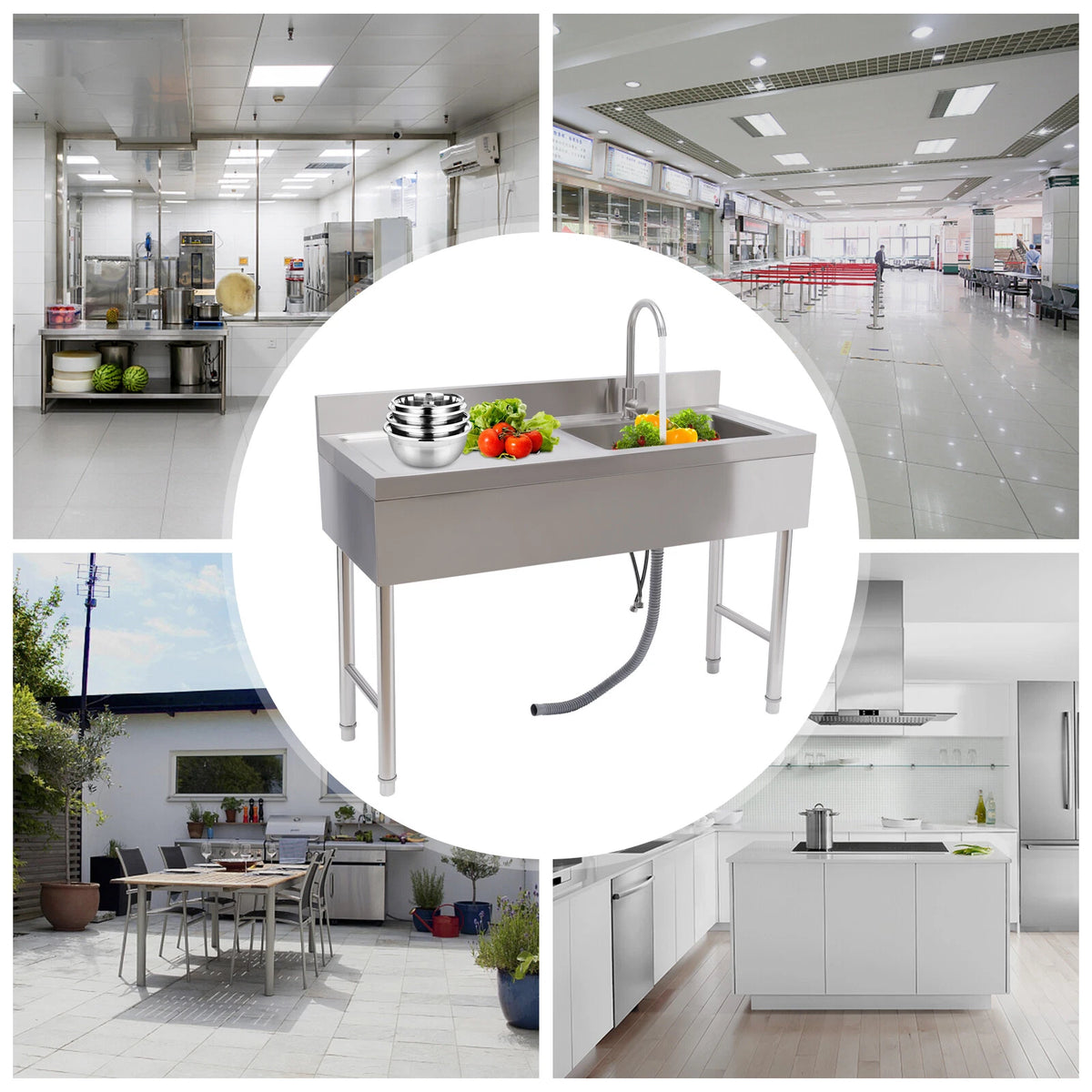 Freestanding Single Bowl Kitchen Sink with Faucet & Drainboard