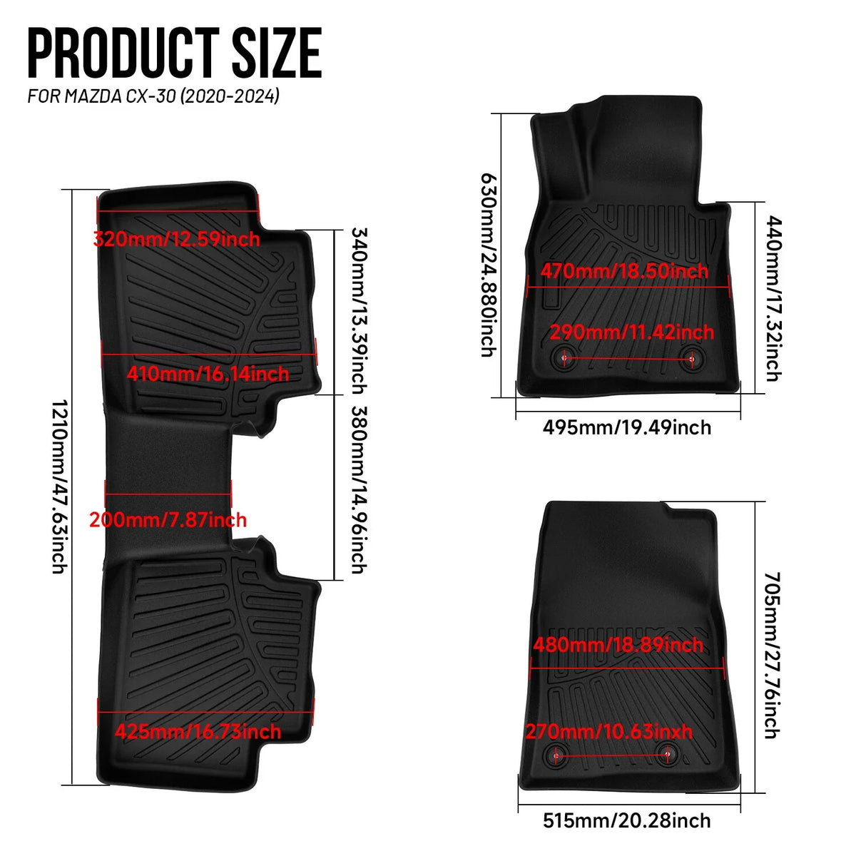 Set of 3 TPE All-Weather Floor Mats Liner for Mazda CX-30 (2020–2025)