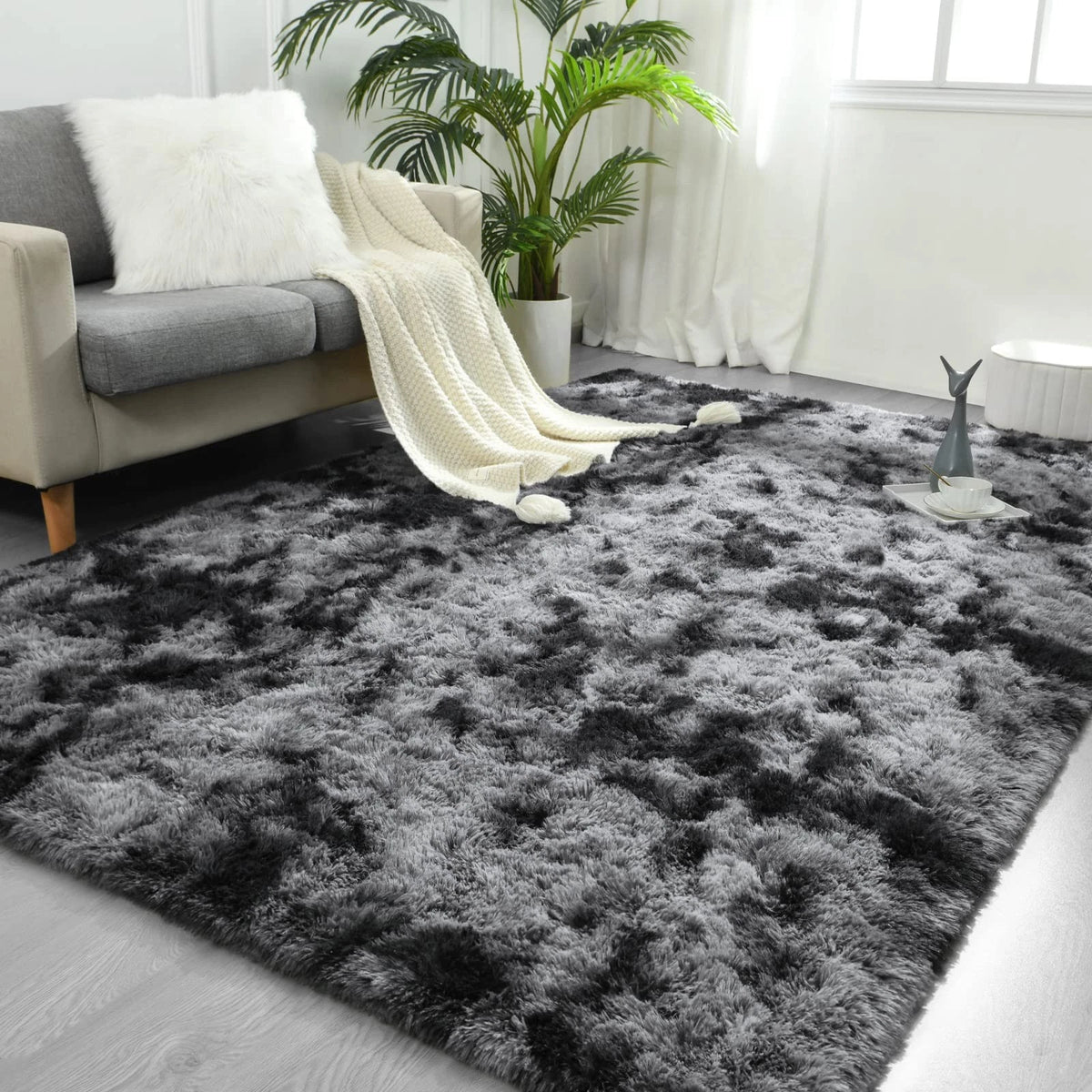 4x6 Feet Tie-Dyed Dark Grey Shaggy Area Rug for Living Room