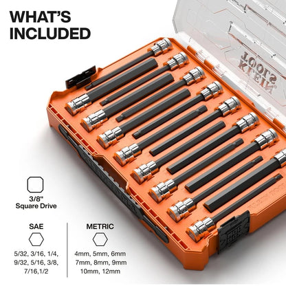 16-Piece Long Hex Bit Socket Set for Automotive (SAE & Metric)