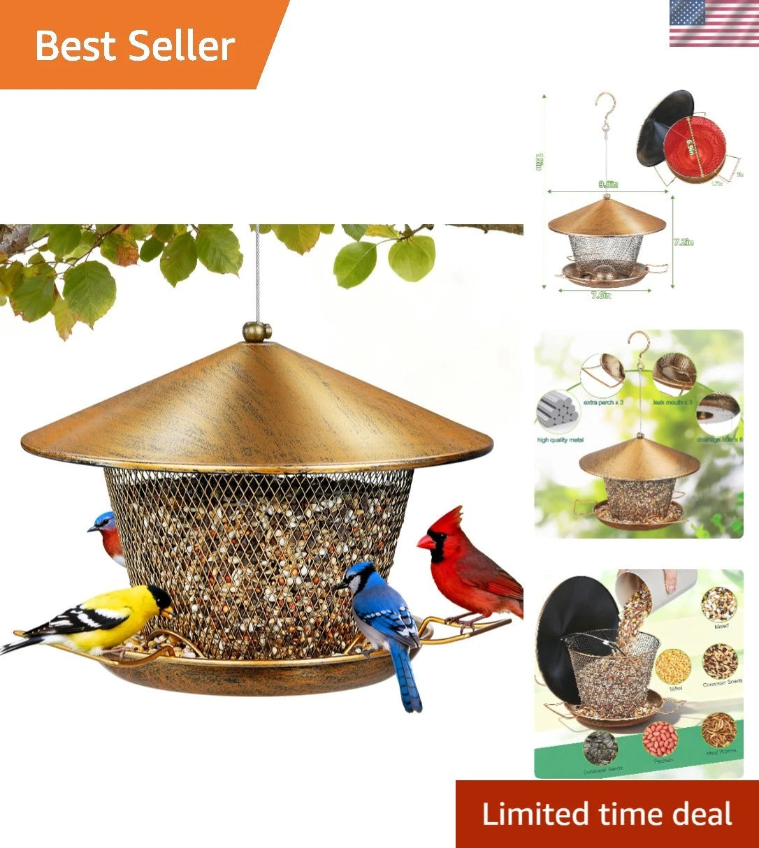 Weather Resistant Outdoor Bird Feeder with 9.8" Dome & Easy Refill