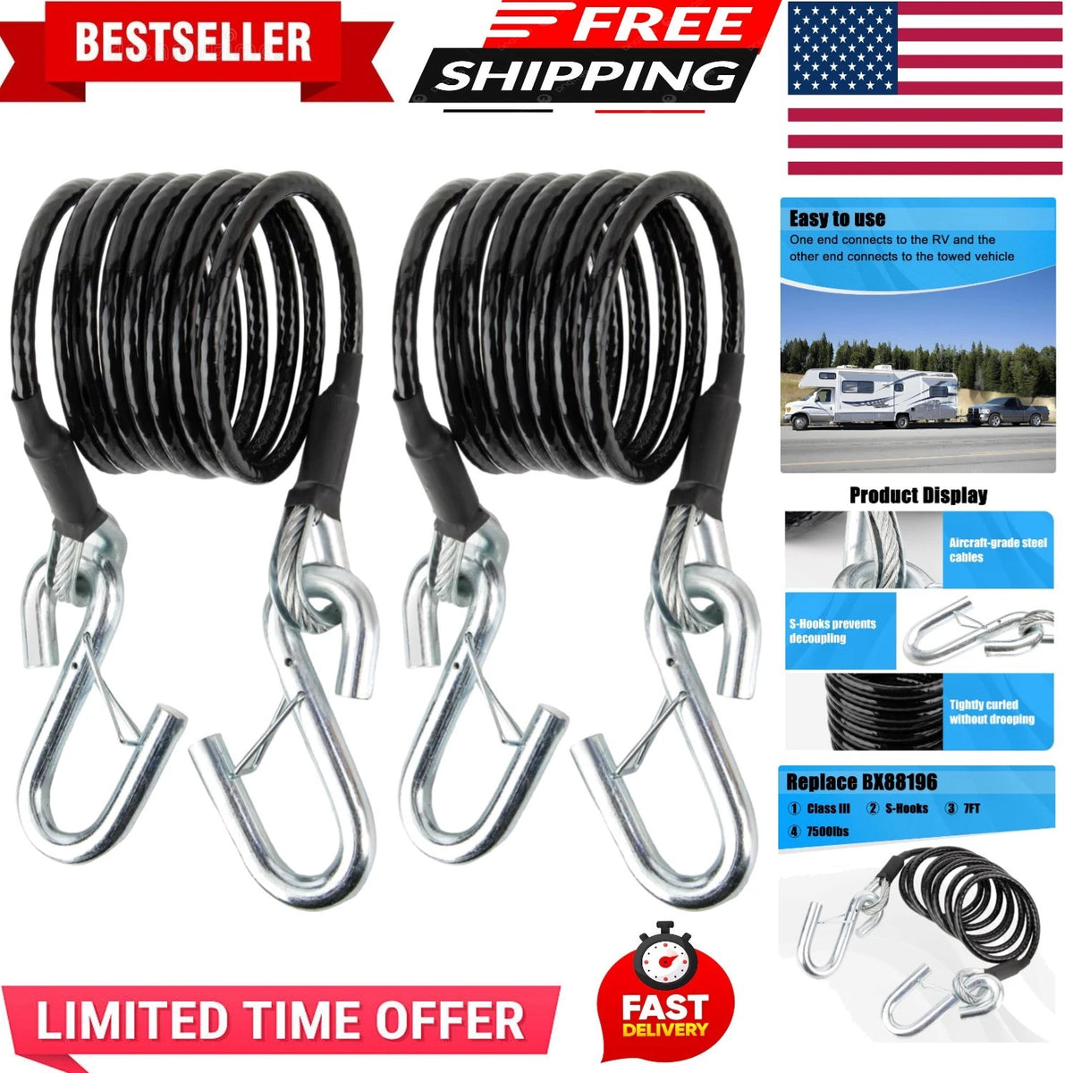 2X Safety Cables w/Snap Hooks for Truck Boat Trailer (7500 lbs Break)
