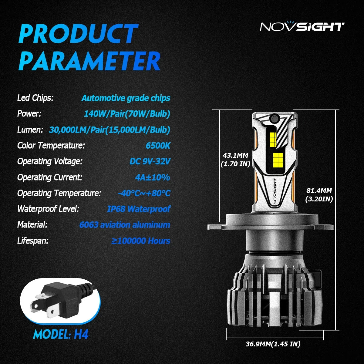 2X H4 LED Headlight Bulbs for NOVSIGHT (140W, 30000LM, 6500K)