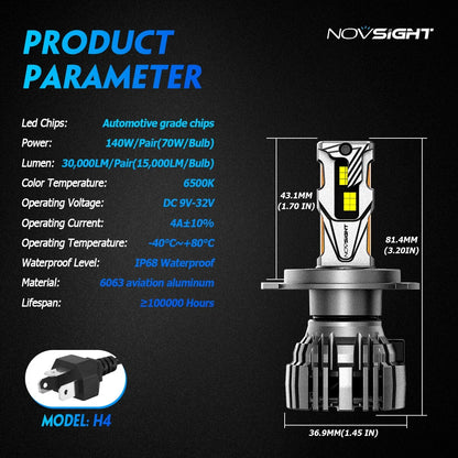 2X H4 LED Headlight Bulbs for NOVSIGHT (140W, 30000LM, 6500K)