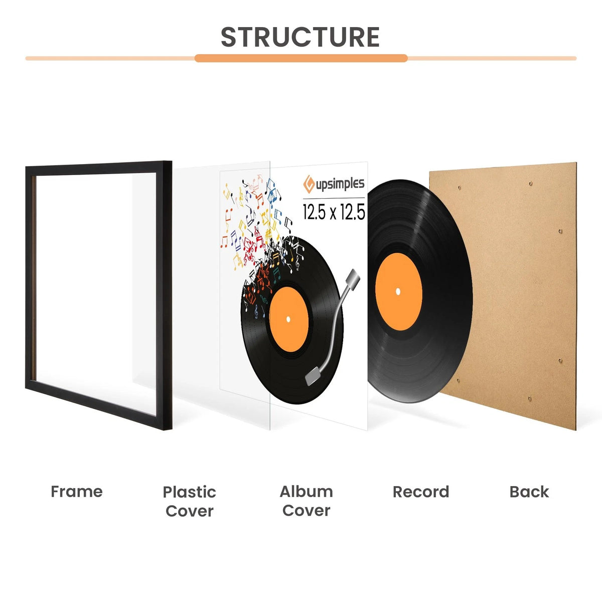 Set of 4 Vinyl Record Frames for 12-Inch Records (12.5x12.5) - Black