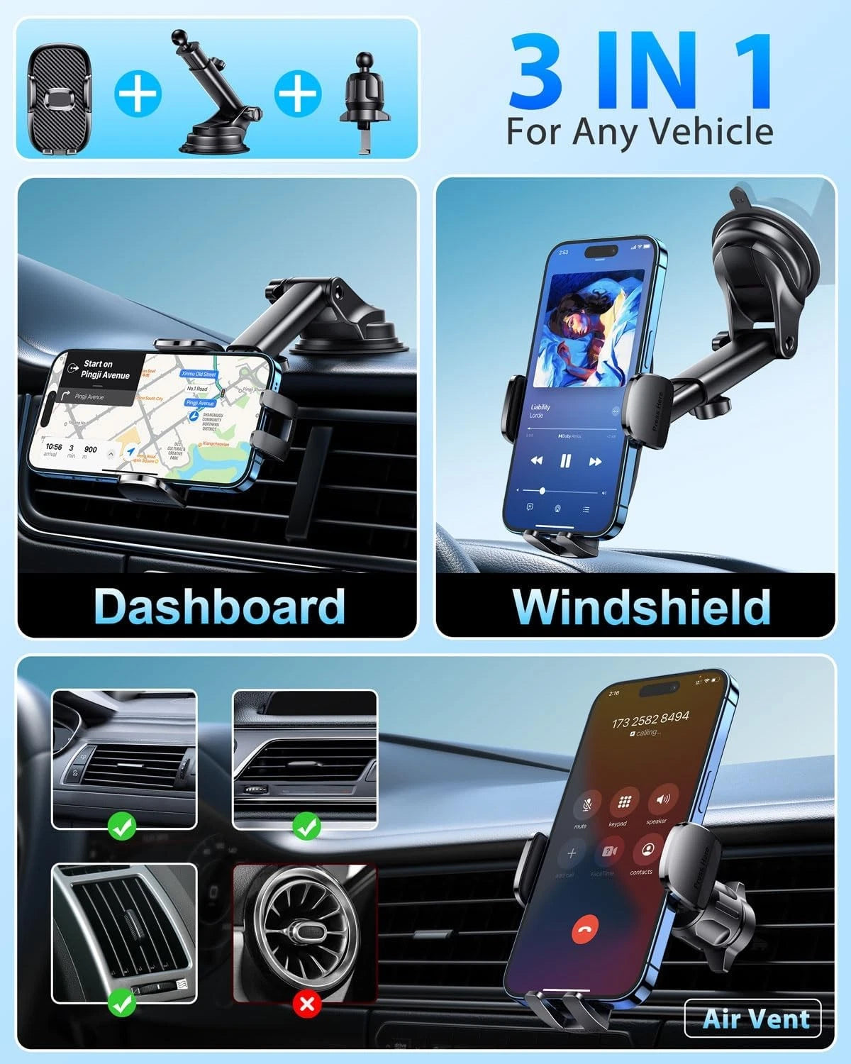 360° Suction Cup Car Phone Holder for Dashboard Windshield Air Vent
