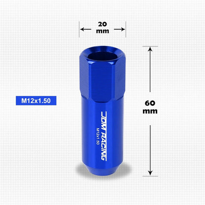 Set of 20 M12X1.5 Blue JDM Open End Aluminum Hex Lug Nuts + Spline Locks + Key