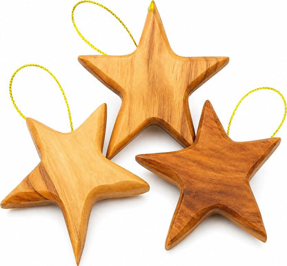 Set of 3 Olive Wood Star Ornaments for Home Decor (Handcrafted)