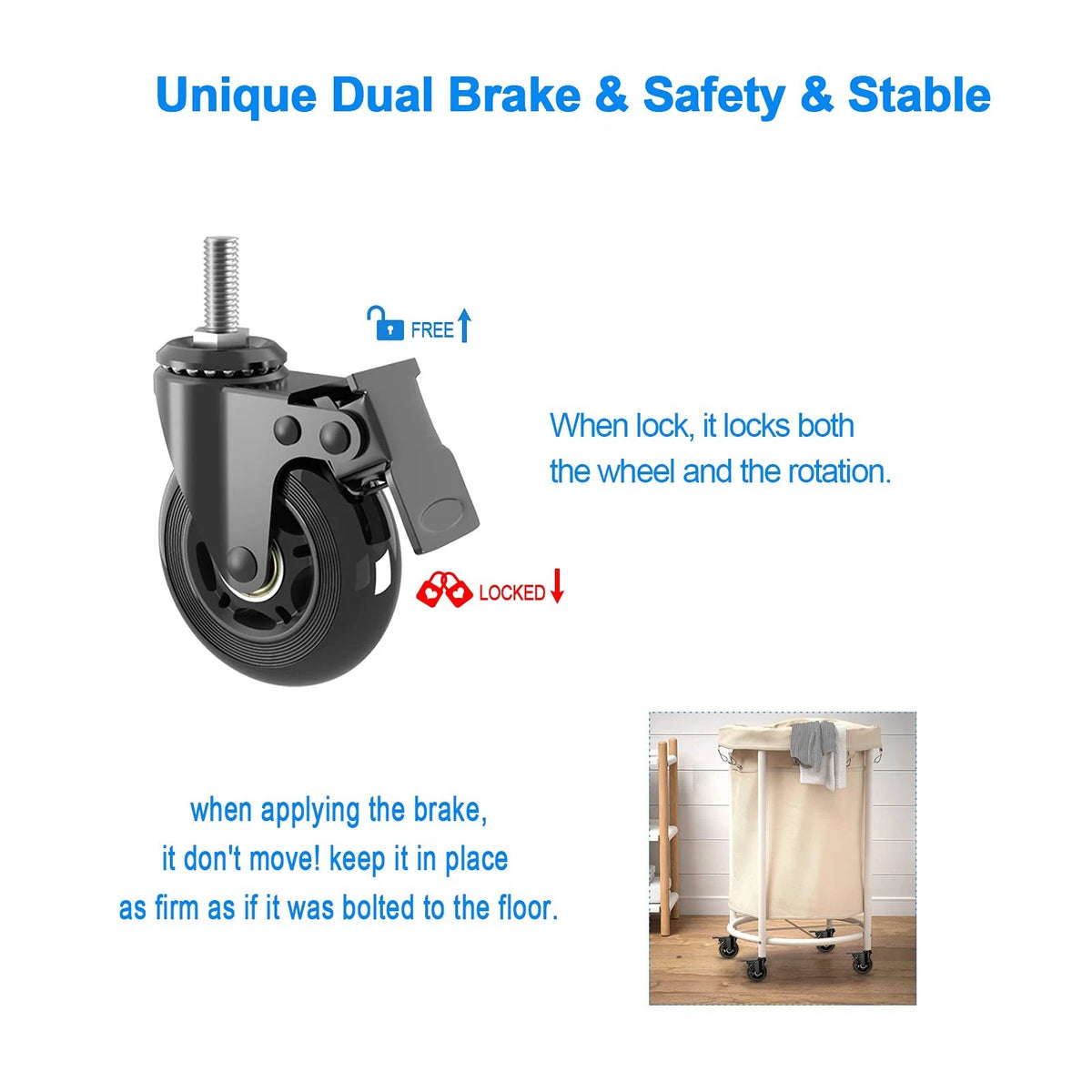 Set of 4 Swivel Stem Caster Wheels 3" (2 with Brake, 2 without) Black