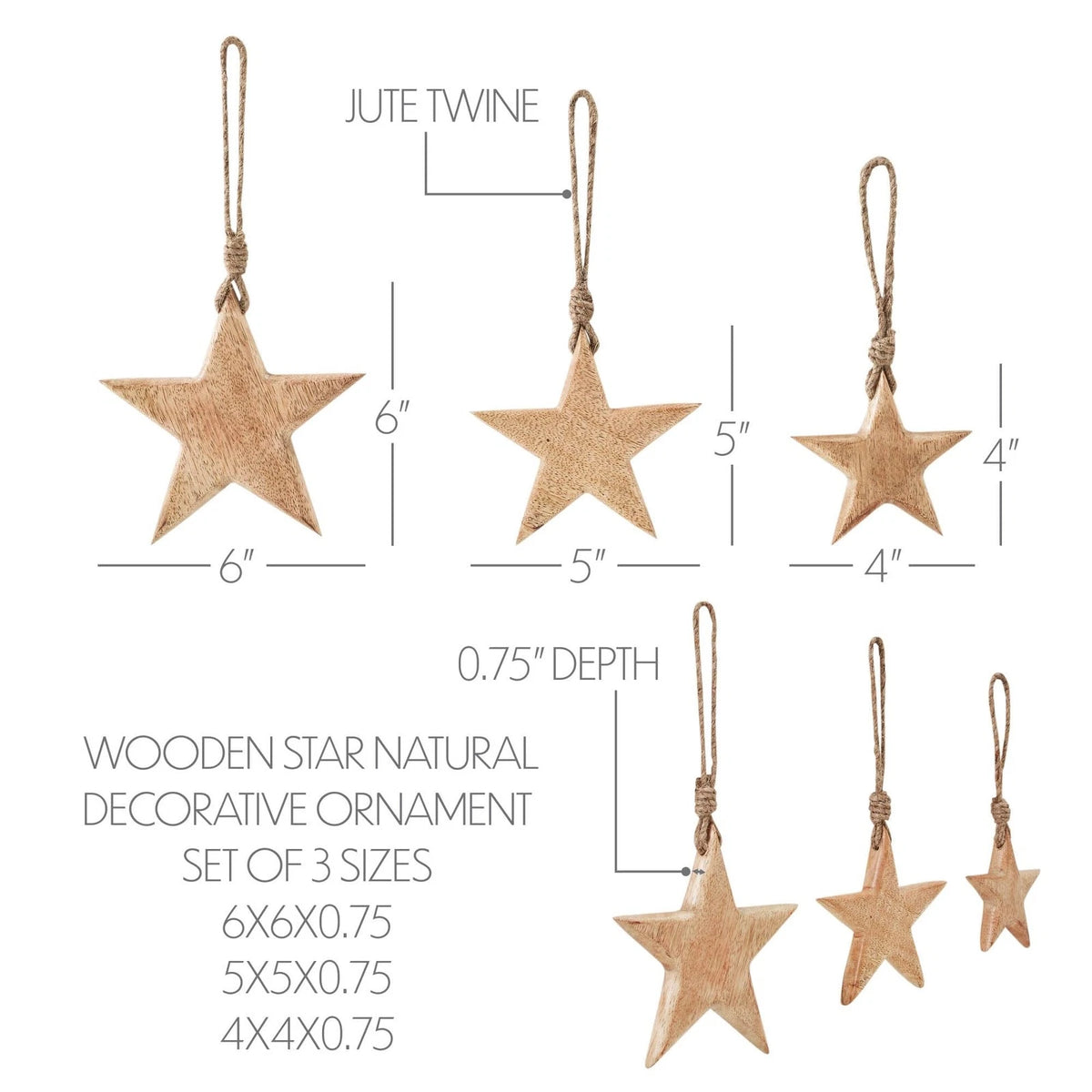 Wooden Star Decorative Ornament Set of 3 Sizes