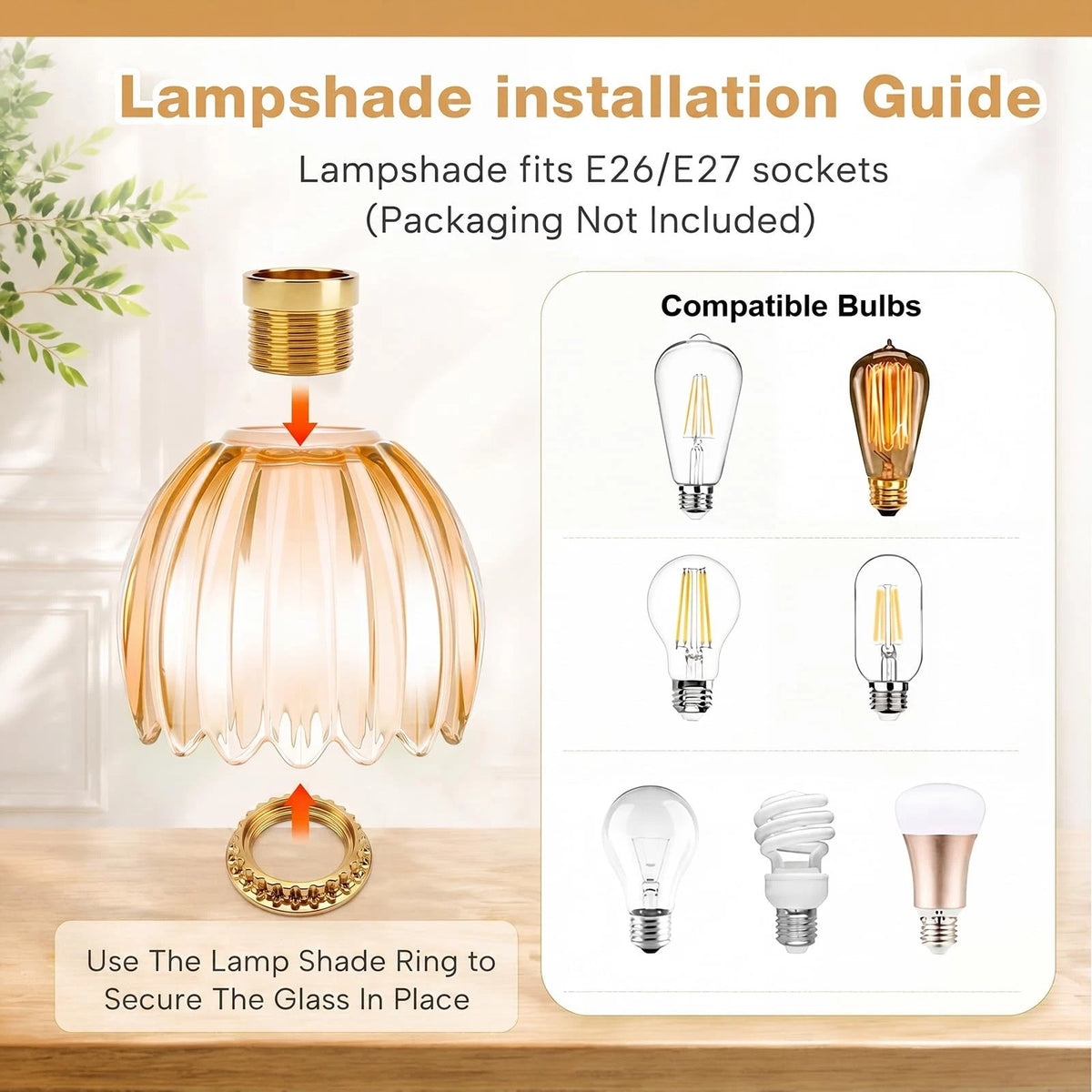 Set of 4 Amber Glass Tulip Lamp Shades for E26 Base Mini Chandelier