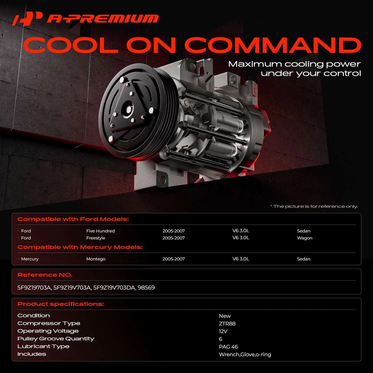 A/C Compressor w/ Clutch for Ford Five Hundred Freestyle (2005–2007) 5F9Z19703A, 5F9Z19V703A, 5F9Z19V703DA, 98569