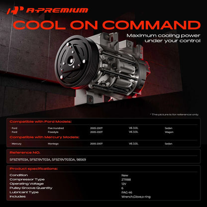 A/C Compressor w/ Clutch for Ford Five Hundred Freestyle (2005–2007) 5F9Z19703A, 5F9Z19V703A, 5F9Z19V703DA, 98569