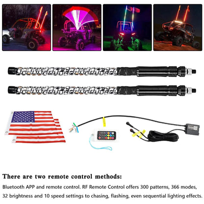 2X 2ft RGB LED Whip Lights for Polaris UTV