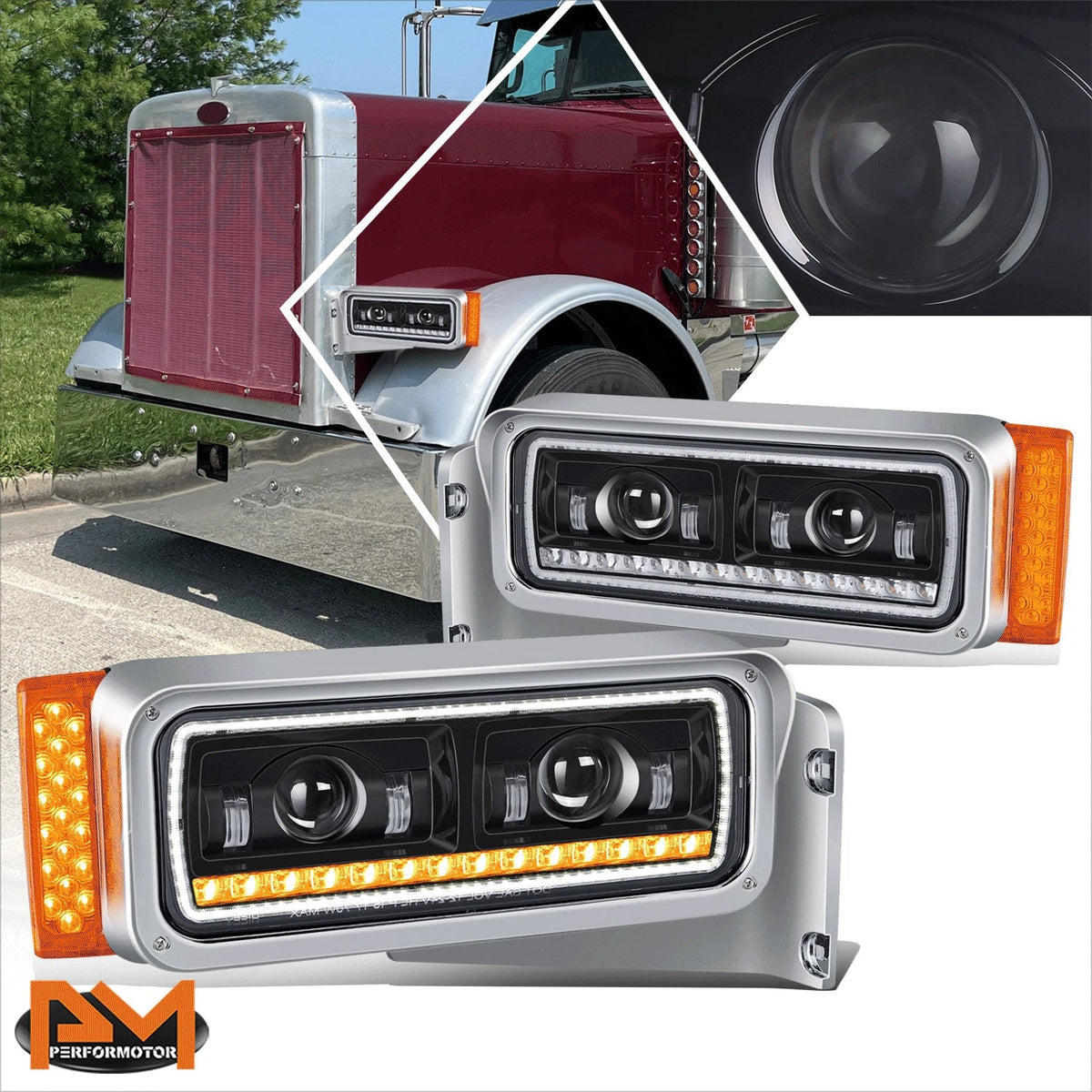 LED Sequential Signal Projector Headlights for Peterbilt 359 379 389 (1981–2021)