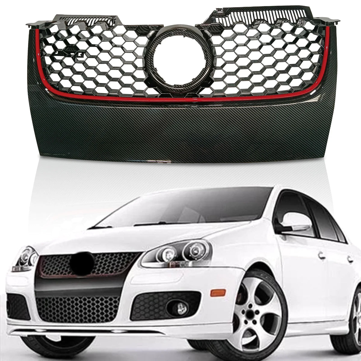 Hex Mesh Grille for VW Jetta MK5 (2006–2009) - Carbon Fiber Print Red Trim
