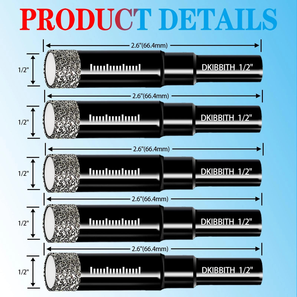5-Pack 1/2" Diamond Core Drill Bits for Tile (12mm)