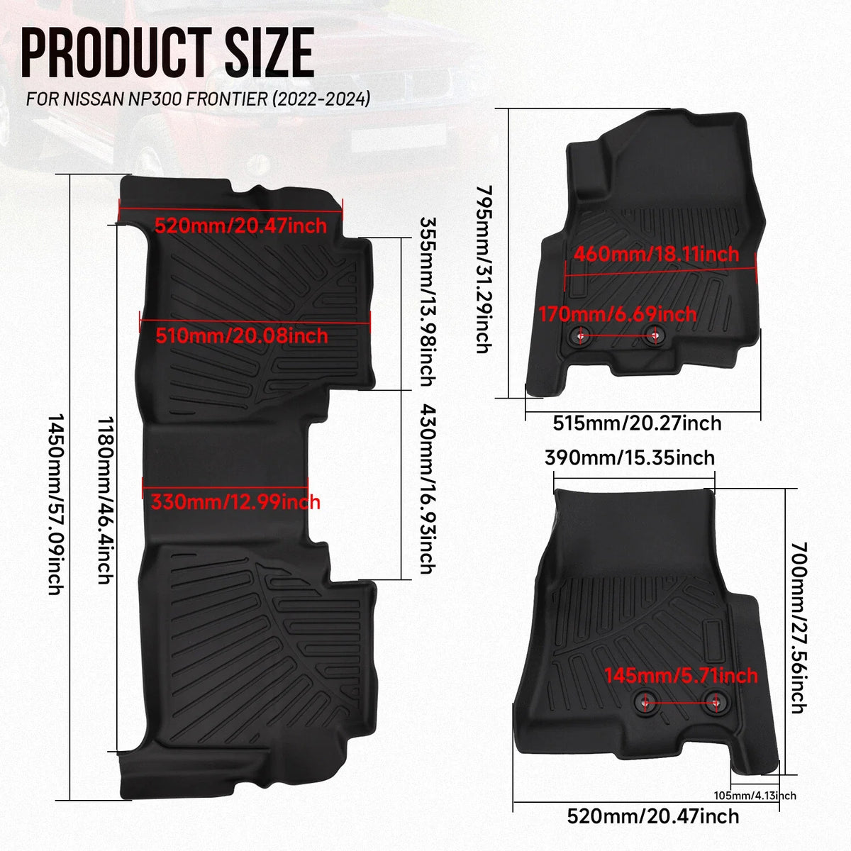 Set of 2 Waterproof Floor Mats for Nissan Frontier Crew Cab (2022–2024) TPE Rubber