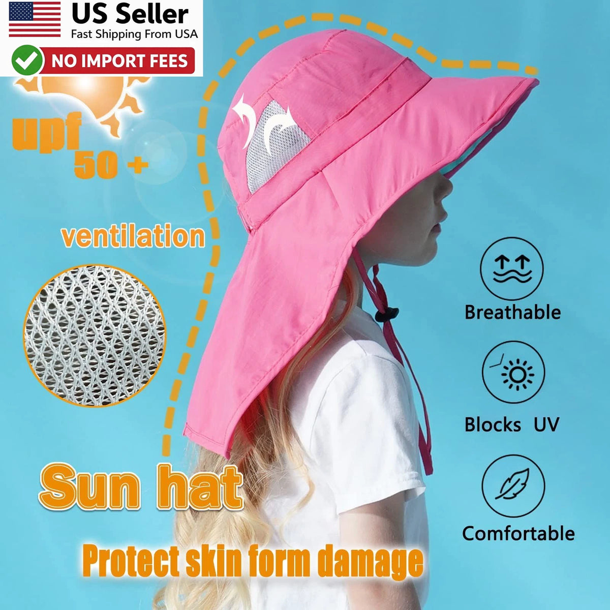 Kids Sun Hat UPF 50+ Sun Protection Neck Flap for Ages 3-12