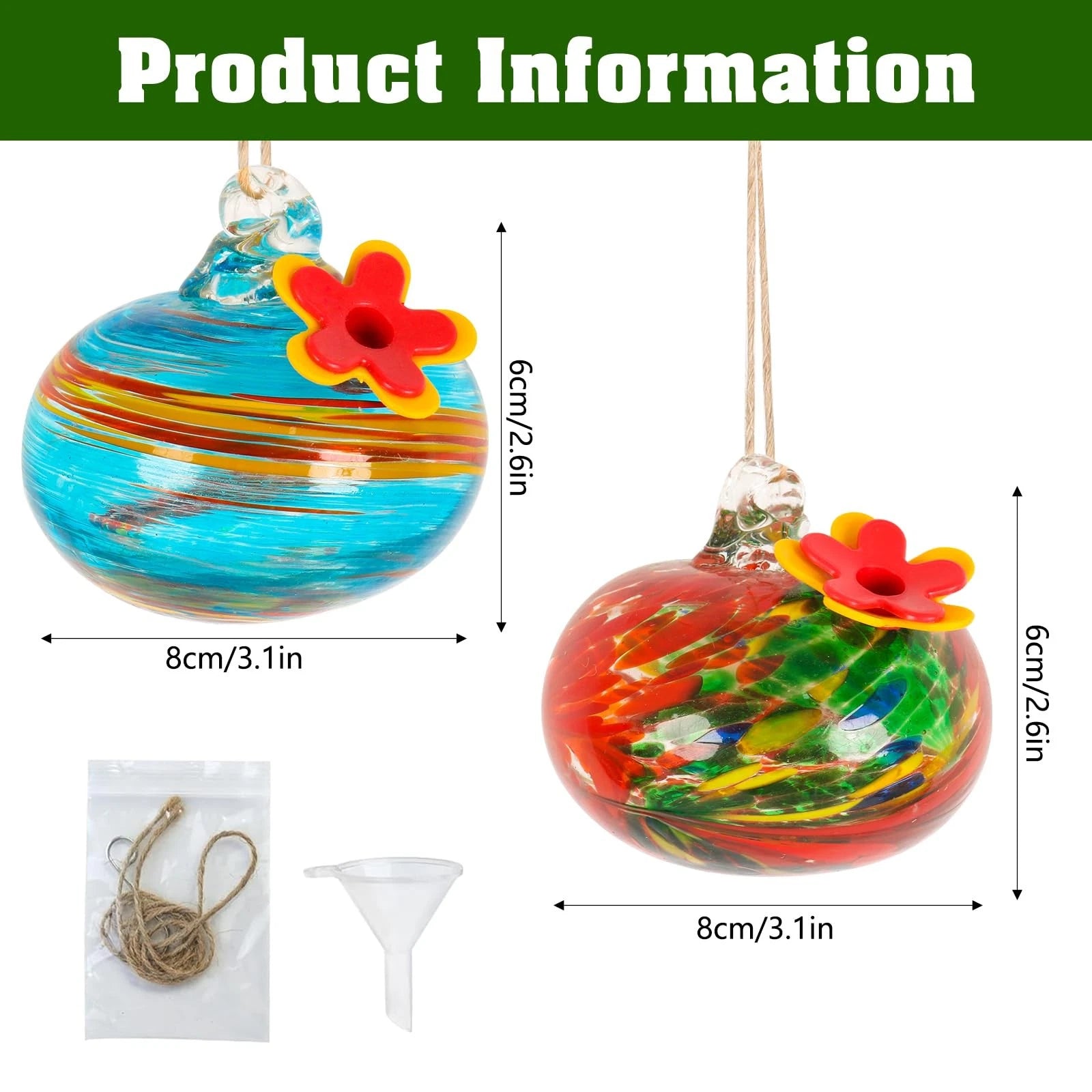 2X Blown Glass Hummingbird Feeder for Outdoors - Ant & Bee Resistant